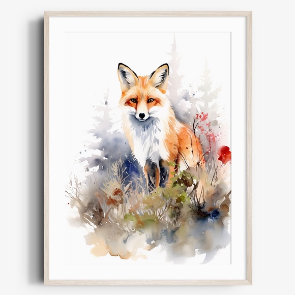 Creative Path Studios Other - Watercolor Floral Red Fox Portrait Wall Art Illustration Print Poster Unframed